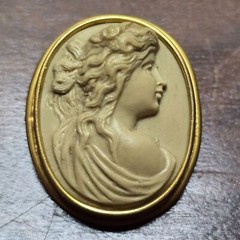 Cameo Brooch Pin 10kt Gold Inset Hand Carved Lava Stone Antique OOAK Design