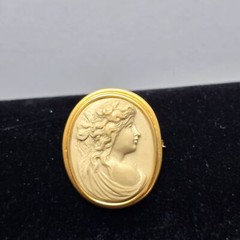 Cameo Brooch Pin 10kt Gold Inset Hand Carved Lava Stone Antique OOAK Design