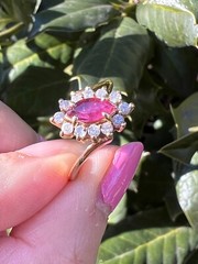 VINTAGE 14K YELLOW GOLD RED NAVETTE MARQUISE CUT GENUINE RUBY AND DIAMONDS RING