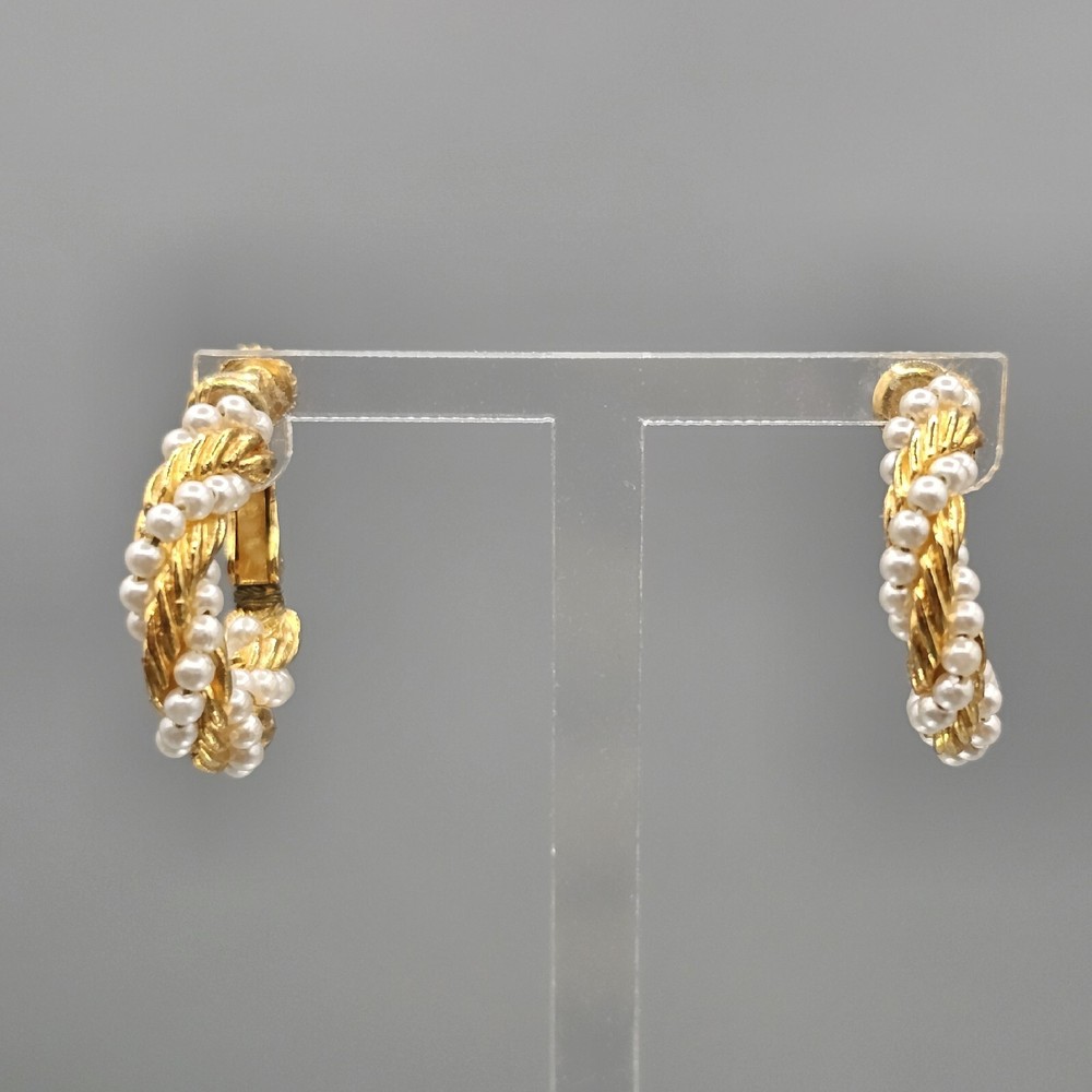 Faux Pearl Rope Earrings Clip On Hoop Classic Twist Screw Back Non-Pierced