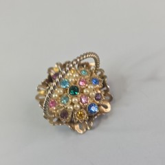 Vintage Flower Basket Pendant Multicolor Rhinestones Faux Pearls Rope Handle