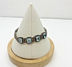 Vintage Sterling Silver Bracelet Signed Wells Light Blue Color Stones 6.75″ in