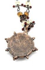 Vintage Style Copper Tone Carved Pendant Beaded Necklace Amber Red Crystals