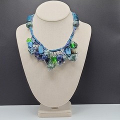 Eclectic Artsy Artisan Braided Cotton Mixed Material Beaded Vintage Necklace