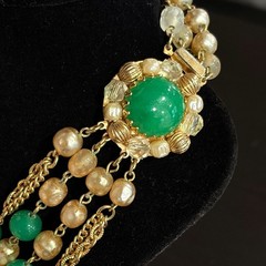 1950s Weiss? Multi Strand Faux Jade Cotton Pearl Crystal Bead Bib Necklace