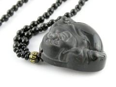 Black Onyx Carved Buddha Pendant Necklace Black Beaded Strand No Clasp 68.5g