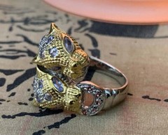 Thai White & Yellow Gold Vermeil Tanzanite & Rhodolite Garnet Snow Leopards Ring