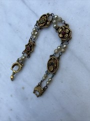 Vintage Goldette NY Victorian Bracelet. Multi-tone rhinestones & Faux pearls