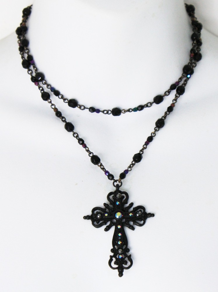 BEN-AMUN Signed AB Crystals Gun Metal Cross Pendant Necklace Choker 14.5″