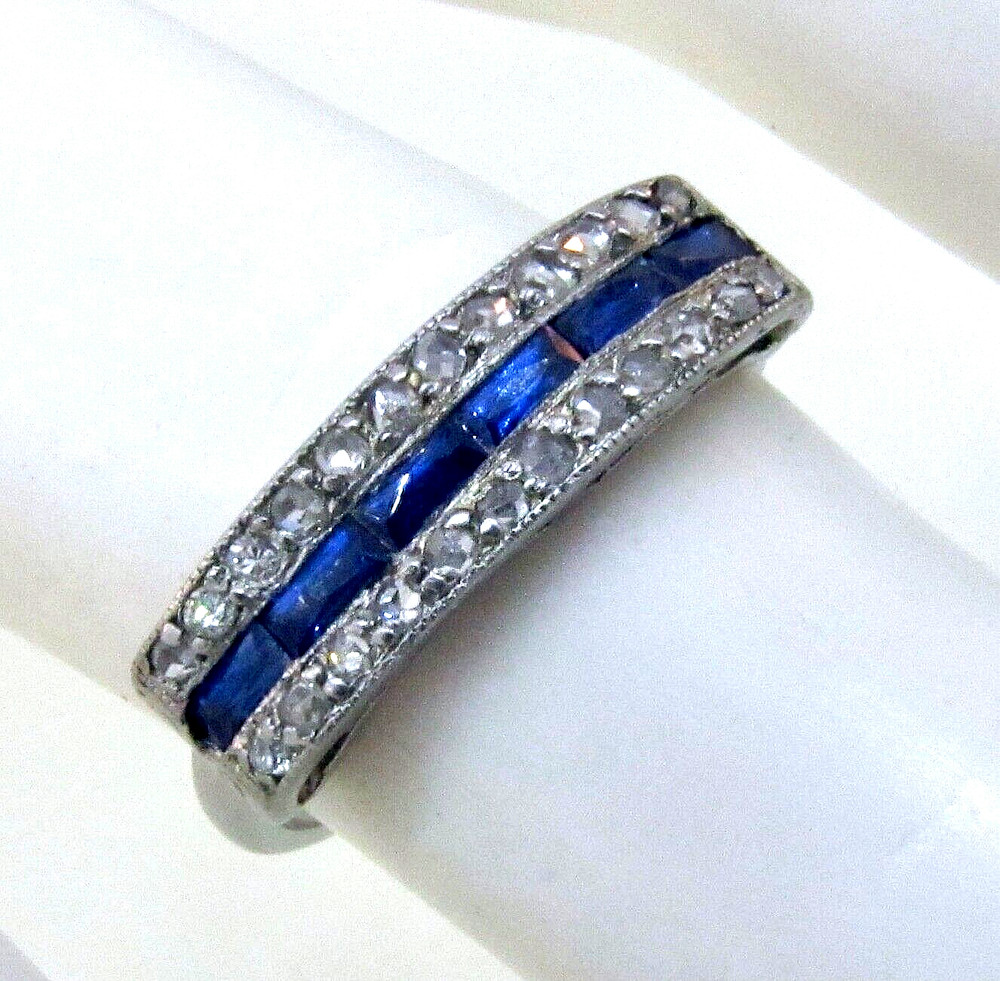 Antique Art Deco 1920’s Platinum Diamond & Simulated Sapphire Wedding Band
