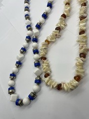 Lot 2 Pc Vtg Chunky Necklaces Blue Silver & White & Shell w Faux Amber Nuggets