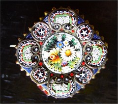 Antique Victorian Italian Micro Mosaic Floral Brooch / Pin C Clasp Marked “BG”