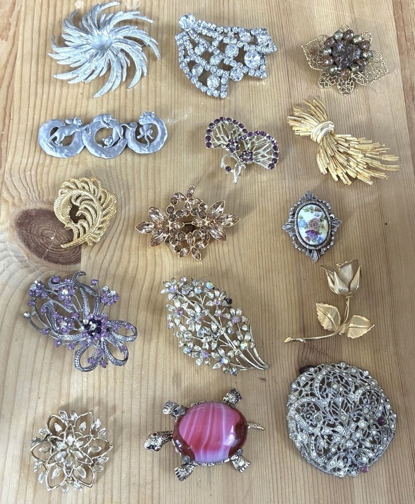 Vintage Brooch Jewelry Lot Estate Flowers Cats Turtle Rhinestones Sparkles #1