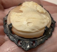 Vintage Victorian Revival Sterling Silver Carved Shell Cameo Pendant Necklace