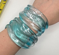 Chunky Lucite Bangles & Earring Set Silver Teal Marble Blue Hoops Bold Retro