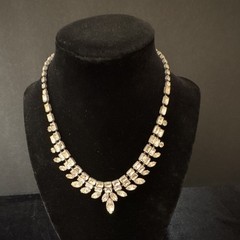 Vintage Clear Rhinestone Statement Tennis Necklace, Box Chain, 15″ Silver Tone