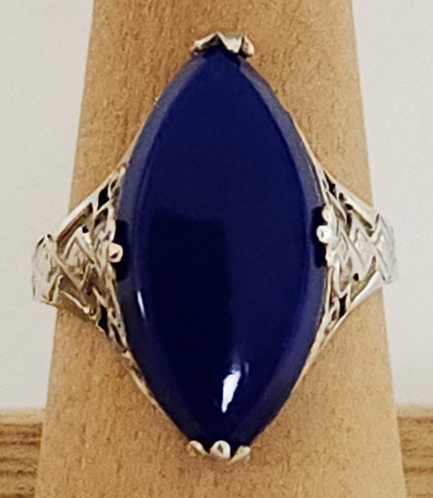Antique Art Deco Marquise Shape Lapis Lazuli Sterling Silver Filigree Ring 6.5