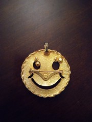 Vintage Goldtone Brooch Smiley Happy Face Rhinestone Dangle Eyes Pin or Pendant