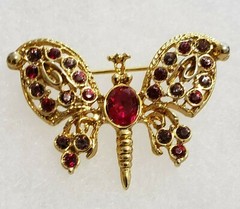 Vintage Signed LIA Designer Butterfuly Brooch Pin w Red Rhinestones Secure Clasp