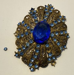 Vintage Antique Czech Gilt Filigree Cobalt Blue Glass Brooch Pin-Estate
