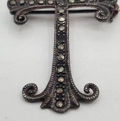 925 Marcasite Cross Brooch Pendant 1.75in Sterling Silver w Patina VTG FLAW