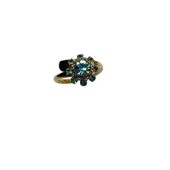 Vintage Cocktail Ring Blue & Clear Rhinestone Gems Gold Tone Bypass Band sz 5.5