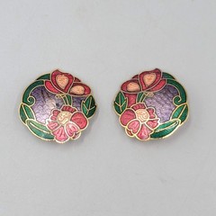 Vintage Butterfly Cloisonne Enamel Clip on Earrings Flowers Gold tone Drop 1 in