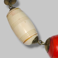 Vintage Tribal Bead Necklace Red Center Carved Beads Brass Boho Ethnic 18″