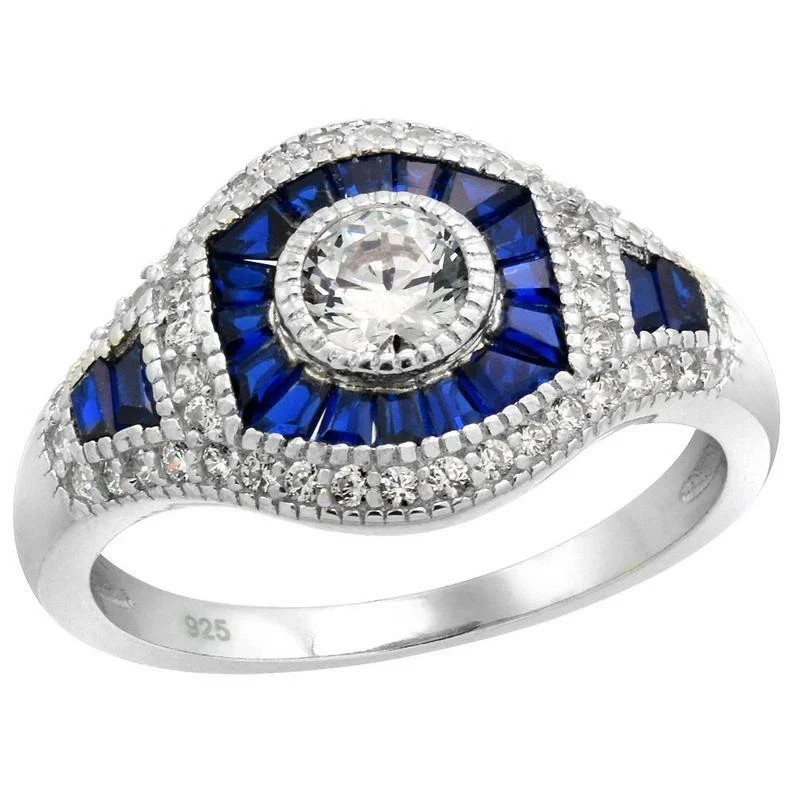 Art Deco Style Lab Created Diamond & Sapphire Anniversary 14k White Gold FN Ring