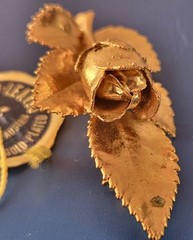 Rose Bud & Leaf Brooch 24ct Gold Plated Vienna Wood Leaves Austria