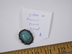 Antique brooch pin Egyptian scarab silver & ceramic jewelry signed in two places