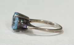Vintage KL 925 Sterling Silver Big Sky Blue Topaz Amethyst Baguettes Ring Sz6.75