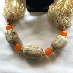 Jewelry chunky vintage beaded ivory orange Necklace and Earrings Set