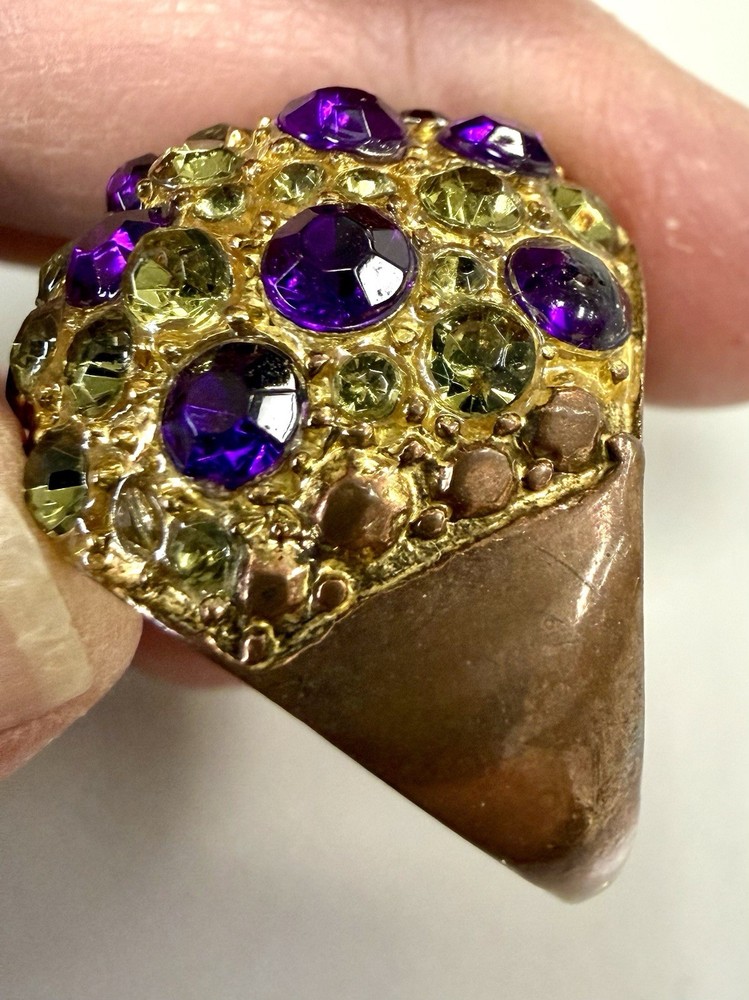 Vintage Gold Tone Rhinestone Dome Ring Purple Green Cocktail Statement Size8