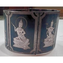 Vintage Siam Sterling Silver Niello Bracelet 6 Goddess Panels Mid Century Thai