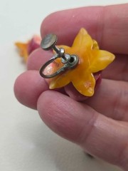 Vintage Celluloid Pansy Flower Brooch and Clip Earrings, 1930s-40s Floral Set.