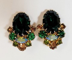 Vintage Green AB Light Brown Rhinestone Dog Tooth Prong Juliana Earrings
