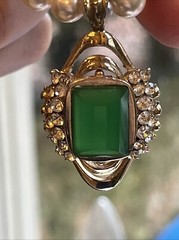 Vintage Designer Lanvin Emerald Rhinestone? Pendant 14k Gold Pearl Necklace