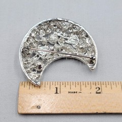 Vintage Crescent Moon Brooch Blue Green Rhinestone Silver tone 2″