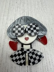 Resin Lady Brooch Black White Checkered Red Dangle Earrings Pin Vintage Style