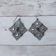 Vintage Dangle Earrings For Pierced Ears Dark Metal with Iridescent Gems