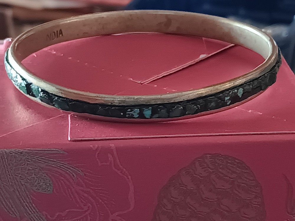 vintage turquoise bangle bracelet made in India approx. 1/4 inch wide 9″ around