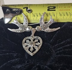 Sterling SILVER & Marcasite Love Birds Brooch w/ Dangle Heart