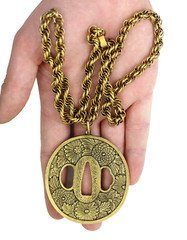 VINTAGE ALVA JAPANESE SAMURAI SWORD TSUBA GOLD CHAIN NECKLACE 25.25″ SIGNED