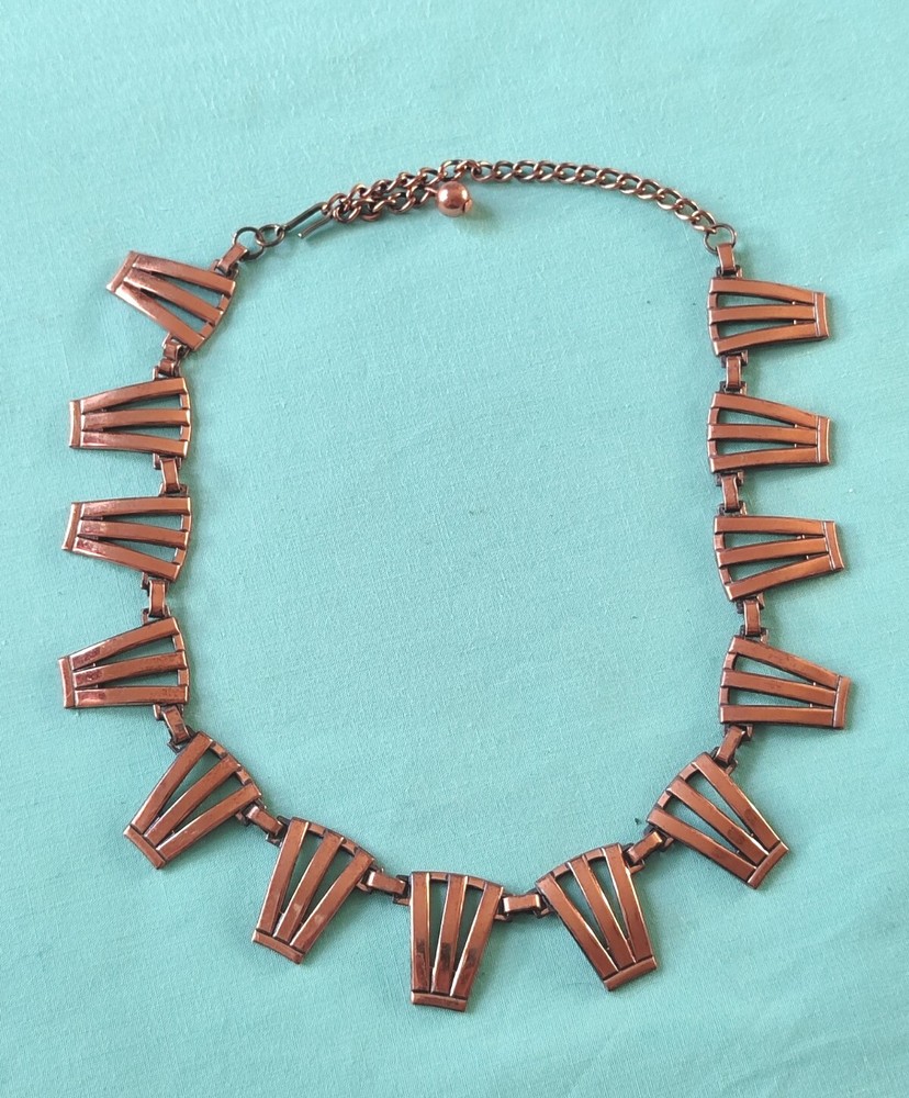 Vintage Unsigned Renoir Necklace Geometric Solid Copper Art Deco Style