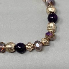 Glass Beaded Bracelet Pink Purple Faceted Fire Polished Acrylic Gold Tone 6.5″