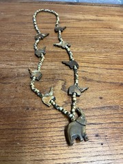 Vintage Carved Elephant & Natural Round Bead Necklace Boho Beach Africa Tribal