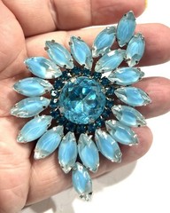 Stunning Brooch Pin Clip Earring Set Grieve Aqua Blue Rhinestones True Beauty