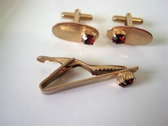 Vintage Gold Tone Cufflinks and Tie Bar Clip Clasp With Red Rhinestones KJ