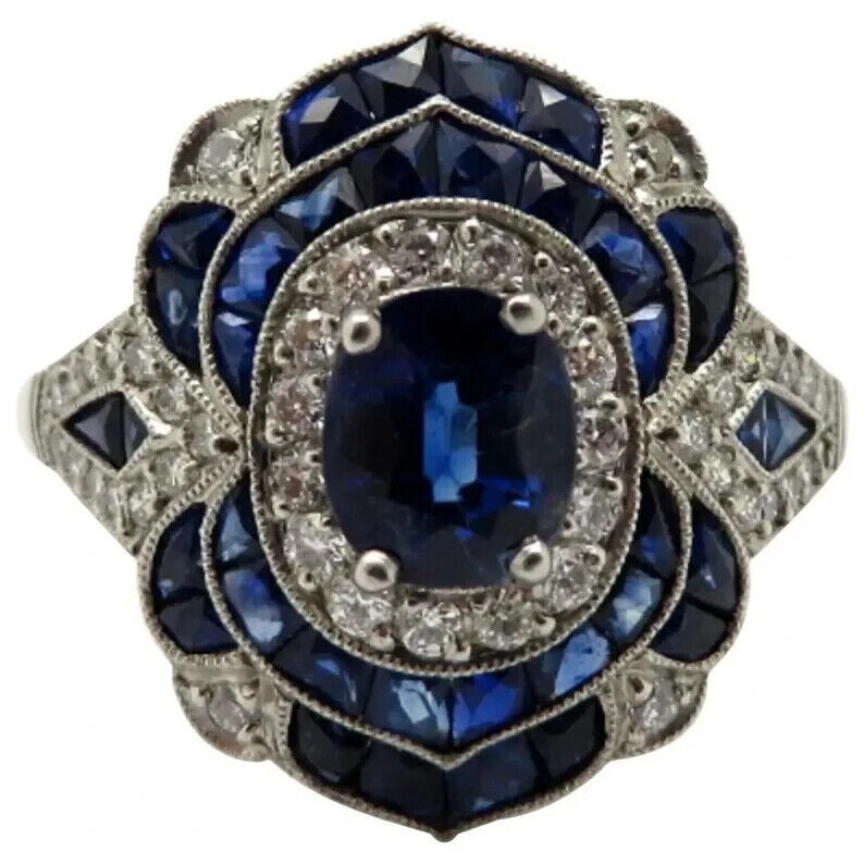 Vintage Art Deco Oval Sapphire & Lab-Created Diamond Engagement 925 Silver Ring